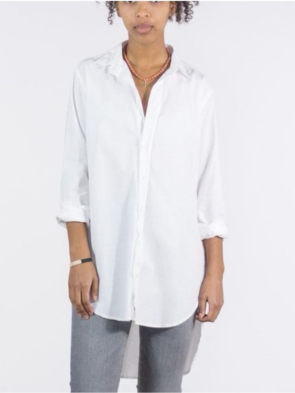 Frank & Eileen Grayson White Windowpane Button Down Longline High Low Top Size M